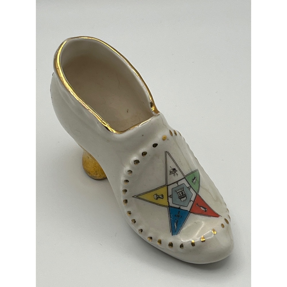 Vintage Order of the Eastern Star OES Porcelain Miniature Shoe Gold Trim White